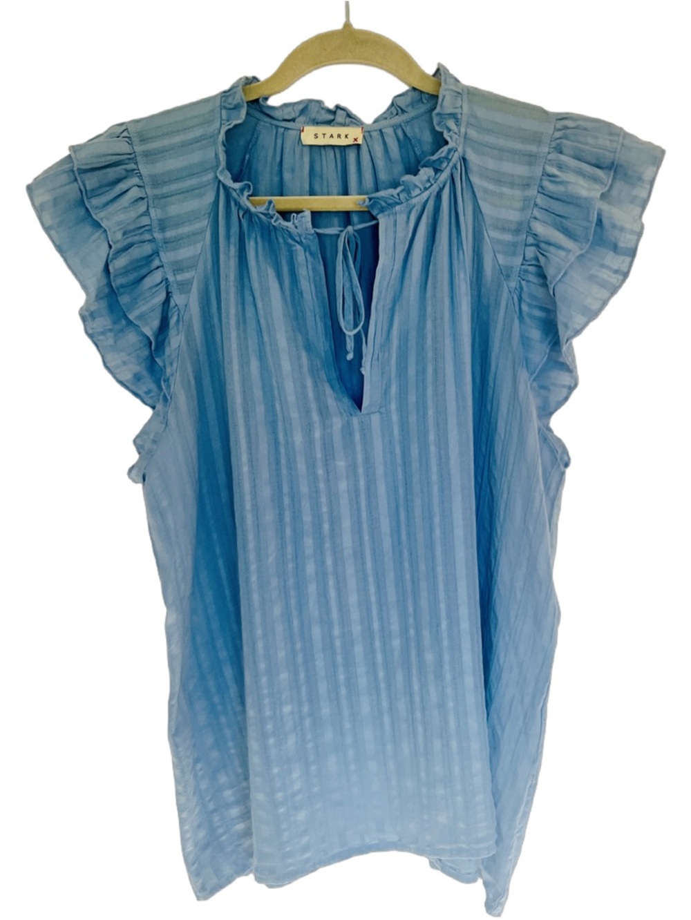 Stark X, Women's Blue Romantic Ruffle Blouse, Flutter Sleeve, Cotton,‎ Size M